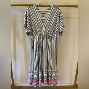 Trina Turk linen dress navy blue white pink green striped midi dress large